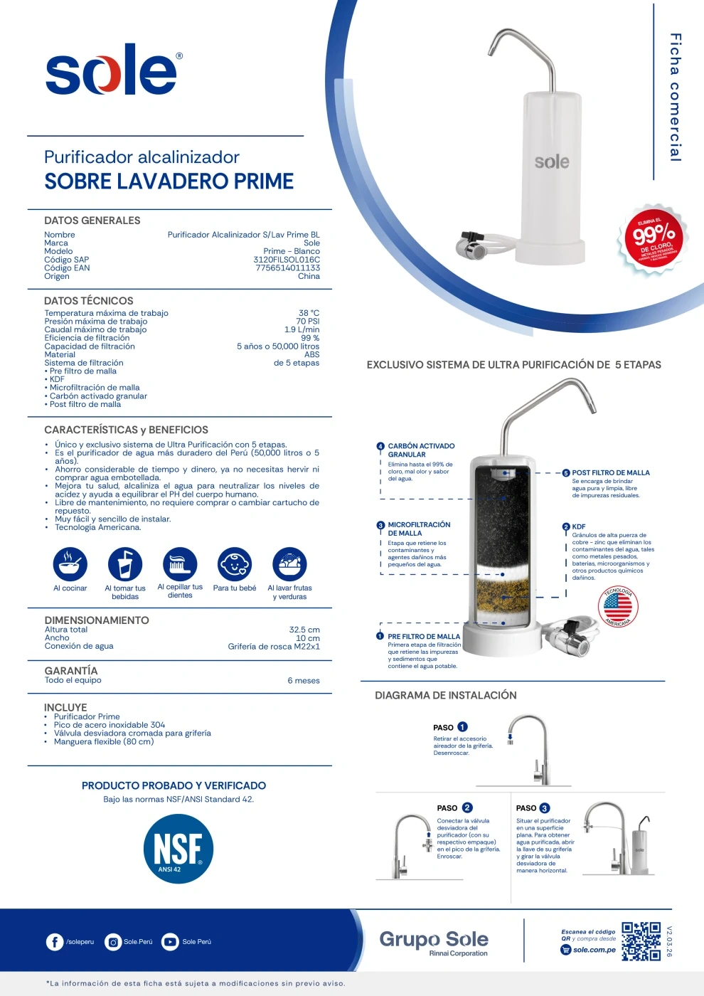 PURIFICADOR DE AGUA ALCALINIZADOR SOLE 3120FILSOL016C - 5