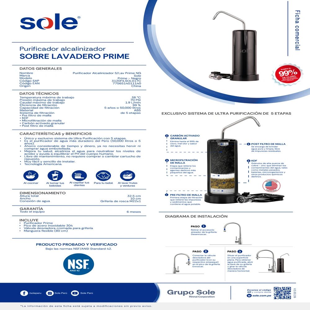 PURIFICADOR DE AGUA ALCALINIZADOR SOLE 3120FILSOL017C - 7