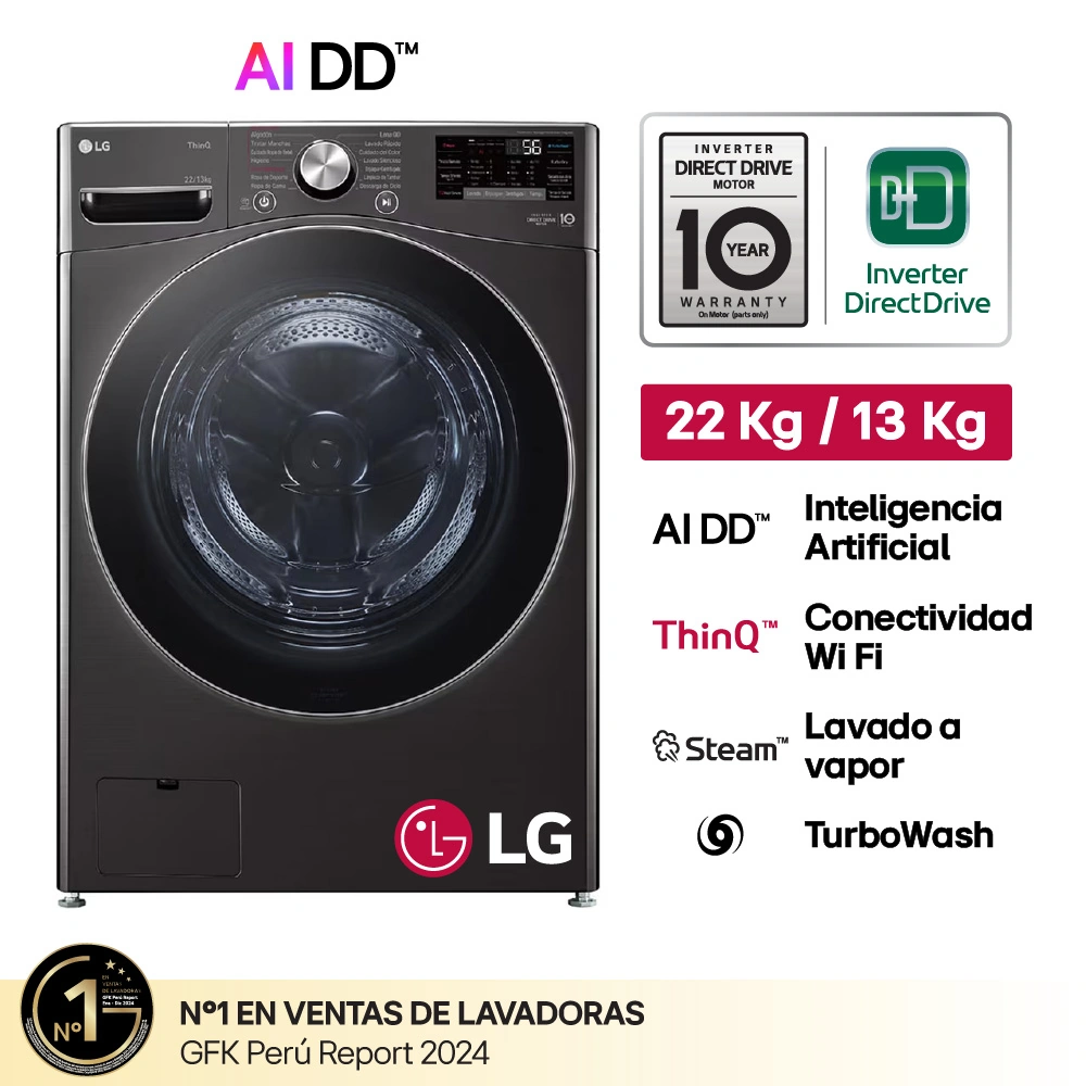 LAVASECA LG CARGA FRONTAL 22KG/13KG WD22BV2S6R AI DD INTELIGENCIA ARTIFICIAL NEGRO - 1