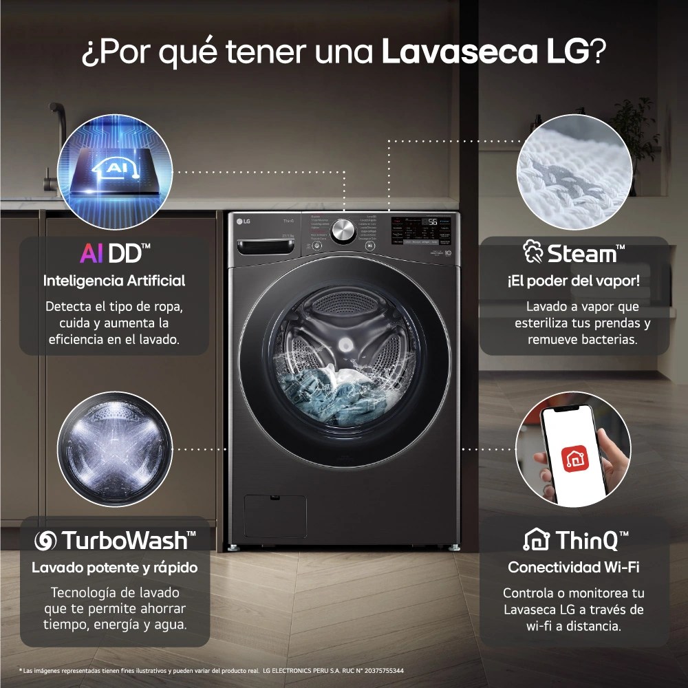 LAVASECA LG CARGA FRONTAL 22KG/13KG WD22BV2S6R AI DD INTELIGENCIA ARTIFICIAL NEGRO - 4