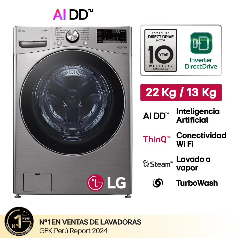 LAVASECA LG CARGA FRONTAL 22/13 KG WD22VV2S6R AI DD INTELIGENCIA ARTIFICIAL PLATEADO - 1