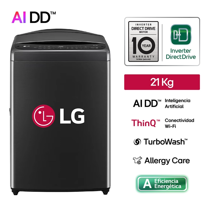LAVADORA LG CARGA SUPERIOR 21 KG WT21PBV6 AIDD INTELIGENCIA ARTIFICIAL NEGRO CLARO