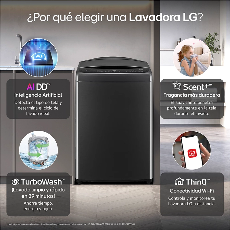 LAVADORA LG CARGA SUPERIOR 21 KG WT21PBV6 AIDD INTELIGENCIA ARTIFICIAL NEGRO CLARO