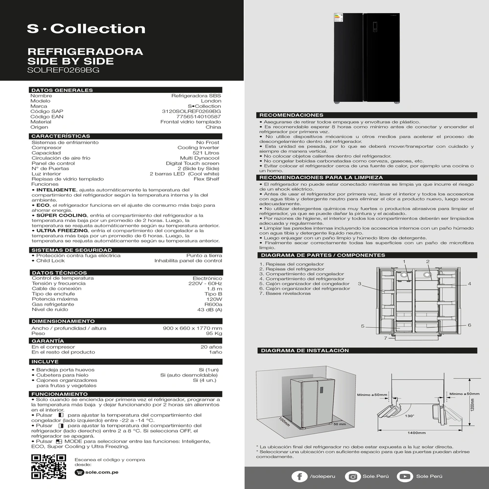 REFRIGERADORA SOLE SIDE BY SIDE NO FROST SOLREF0269BG 521 L SC LONDON NEGRO - 13