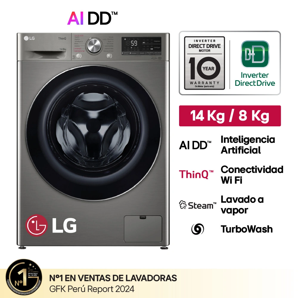 LAVASECA LG CARGA FRONTAL 14 KG 8 KG AI DD INTELIGENCIA ARTIFICIAL WD14PVC4S6C PLATEADO - 1