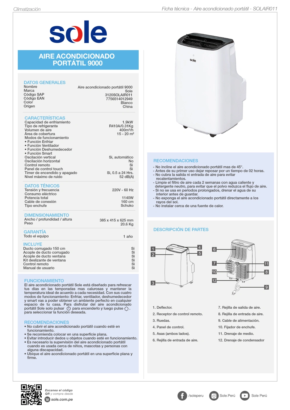 AIRE ACONDICIONADO PORTÁTIL SOLE 9000 BTU 3120SOLAIR011 - 8