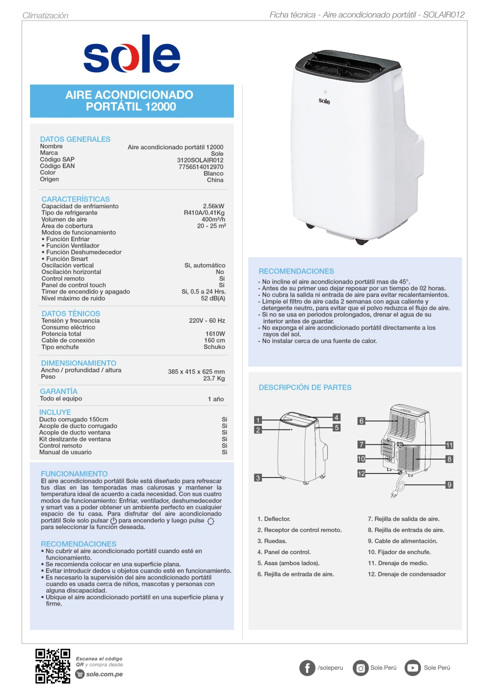 AIRE ACONDICIONADO PORTÁTIL SOLE 12000 BTU 3120SOLAIR012 - 8