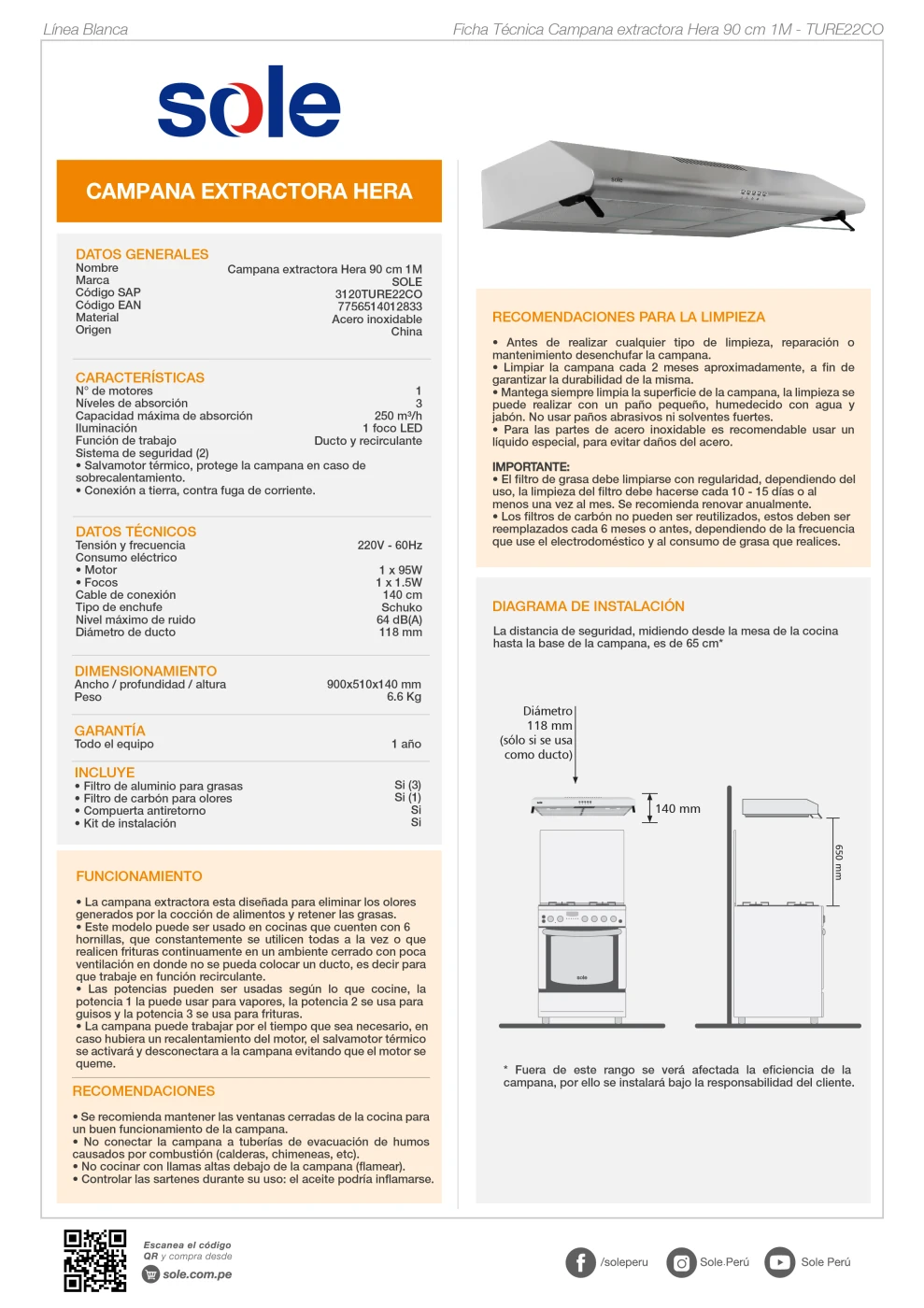 CAMPANA EXTRACTORA SOLE ANCHO 90CM 3120TURE22CO HERA 1 MOTOR INOXIDABLE - 7