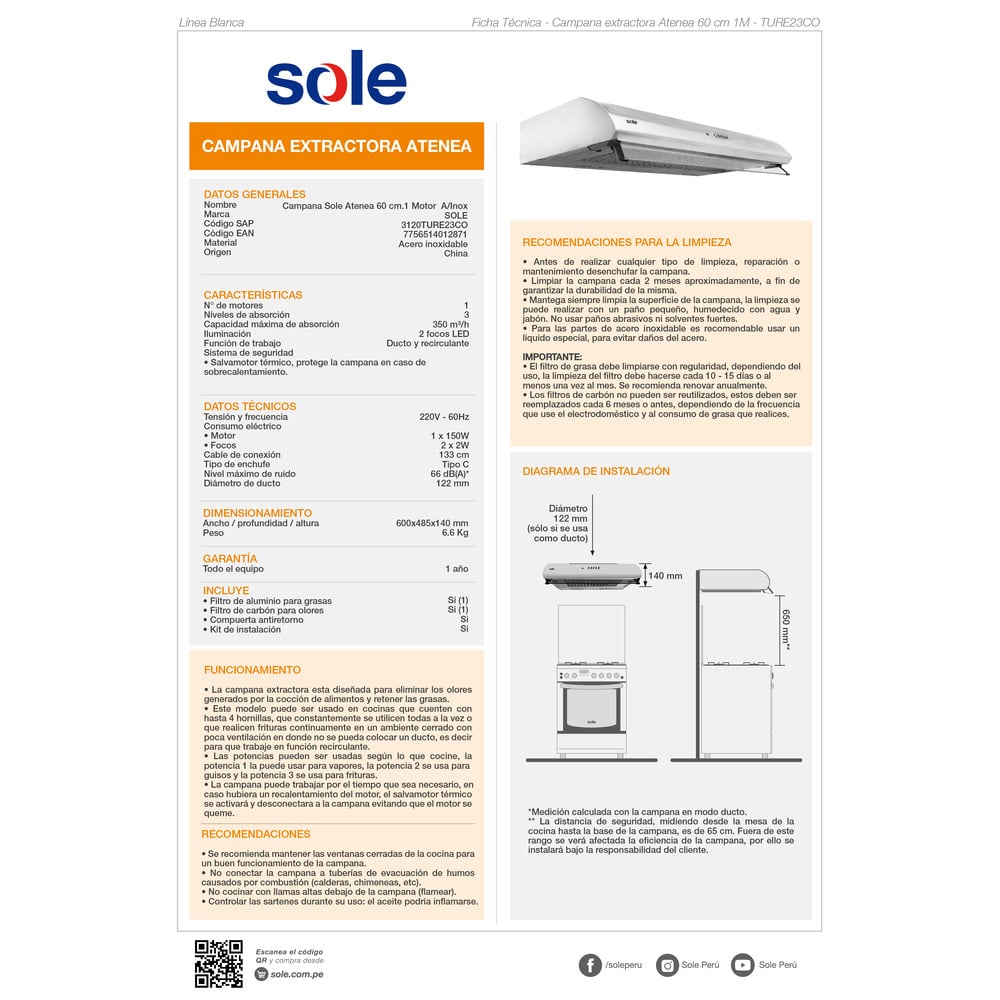 CAMPANA EXTRACTORA SOLE ANCHO 60CM 3120TURE23CO ATENEA 1 MOTOR INOXIDABLE - 5
