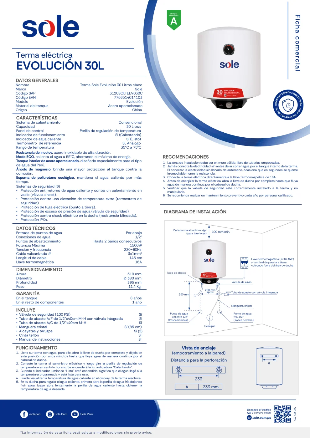 TERMA ELÉCTRICA 30 LITROS SOLE EVOLUCION - 8