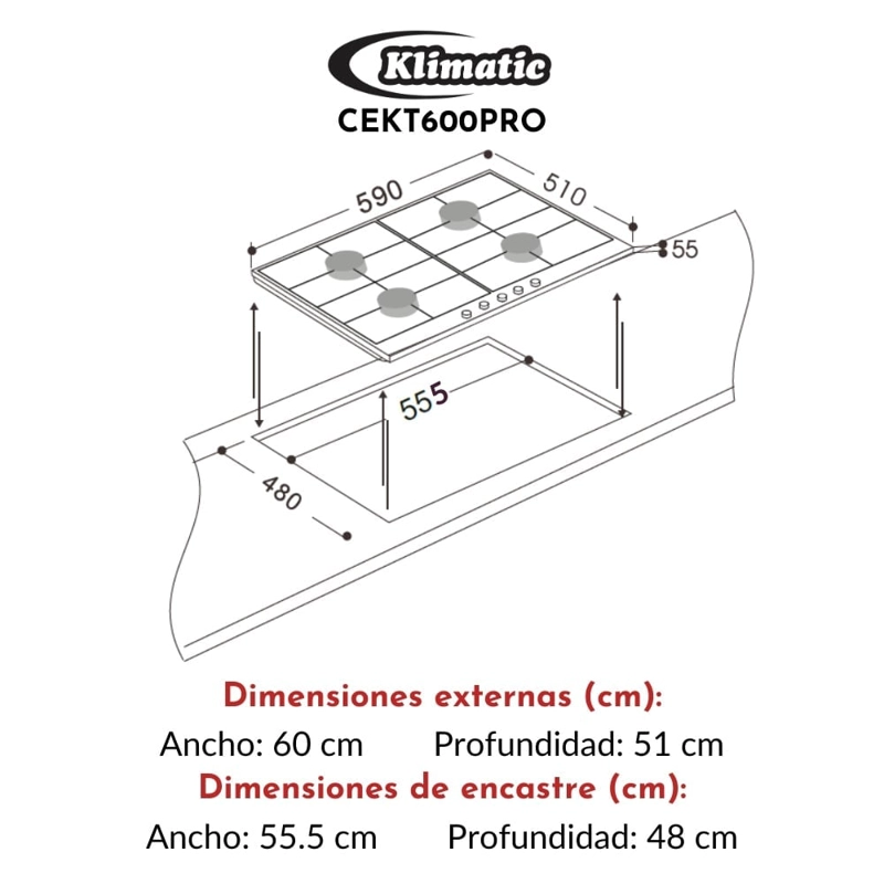 COCINA EMPOTRABLE A GAS KLIMATIC 4 QUEMADORES CEKT-600PRO - 4