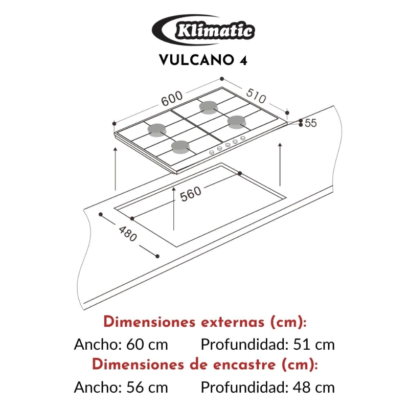 COCINA EMPOTRABLE A GAS KLIMATIC 4 QUEMADORES VULCANO 4 - 8