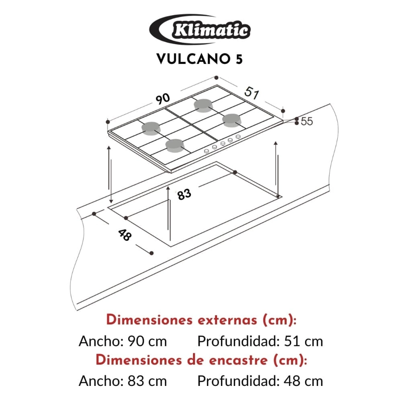 COCINA EMPOTRABLE A GAS KLIMATIC 5 QUEMADORES VULCANO 5 - 8