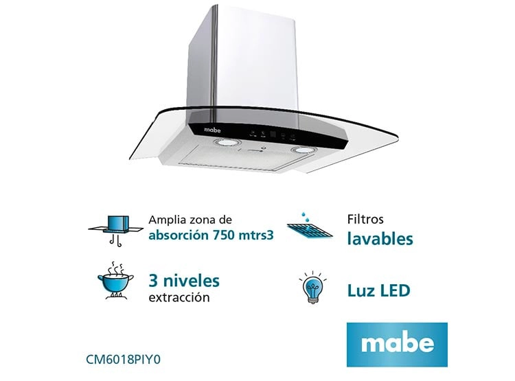 CAMPANA EXTRACTORA MABE ANCHO 60CM CM6018PIY0 DE PARED 3 VELOCIDADES INOX - 1