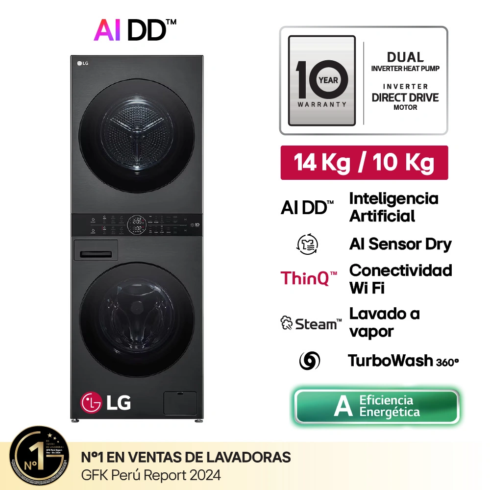 CENTRO DE LAVADO LG CARGA FRONTAL 14/10 KG WK14BS6R AI DD INTELIGENCIA ARTIFICIAL NEGRO - 1