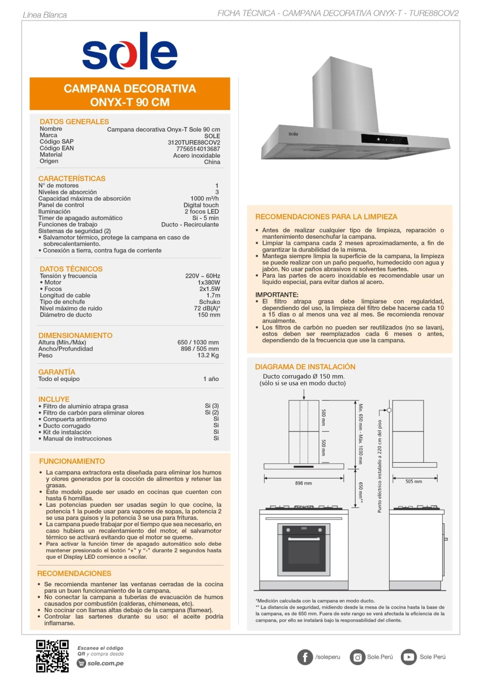 CAMPANA EXTRACTORA SOLE TURE88COV2 90CM ONYX-T - 7