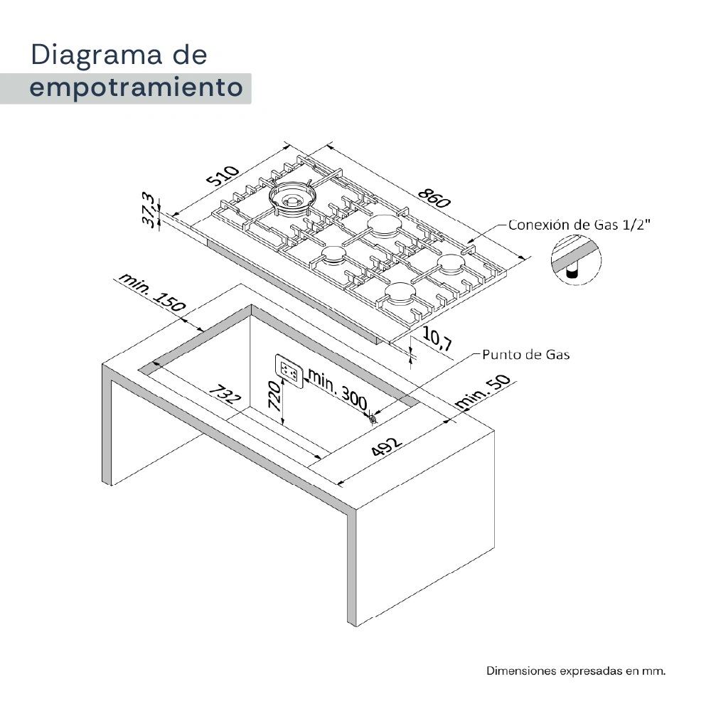 ENCIMERA EMPOTRABLE A GAS SOLE 5 HORNILLAS SOLCO074 - 11