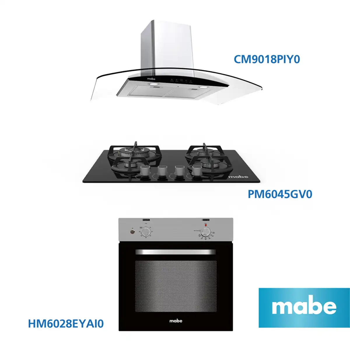 COMBO MABE CAMPANA DECORATIVA CM9018PIY0 + COCINA EMPOTRABLE PM6045GV0 + HORNO EMPOTRABLE ELÉCTRICO HM6028EYAI0 - 1