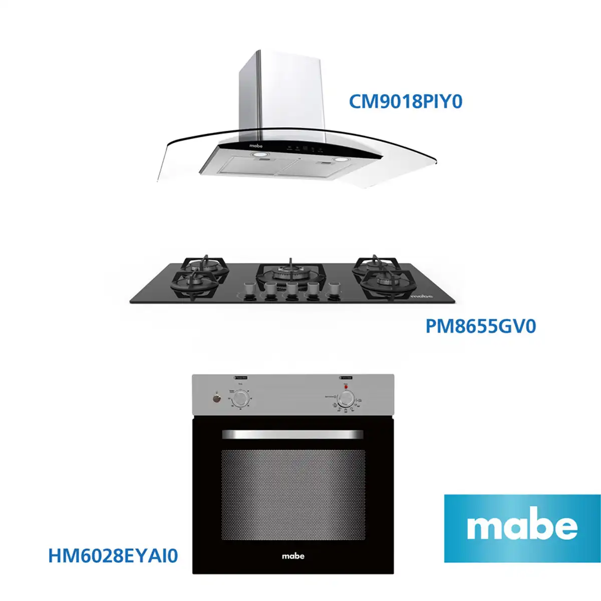 COMBO MABE CAMPANA DECORATIVA CM9018PIY0 + COCINA EMPOTRABLE PM8655GV0 + HORNO EMPOTRABLE ELÉCTRICO HM6028EYAI0 - 1