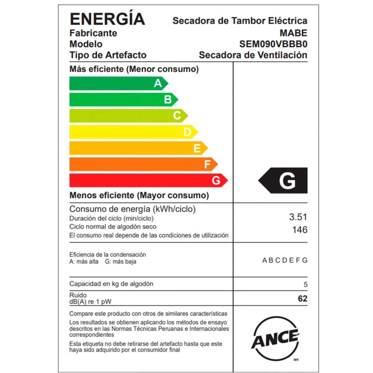 SECADORA DE ROPA MABE ELÉCTRICA EVACUACIÓN 9KG SEM090VBBB0 - 10