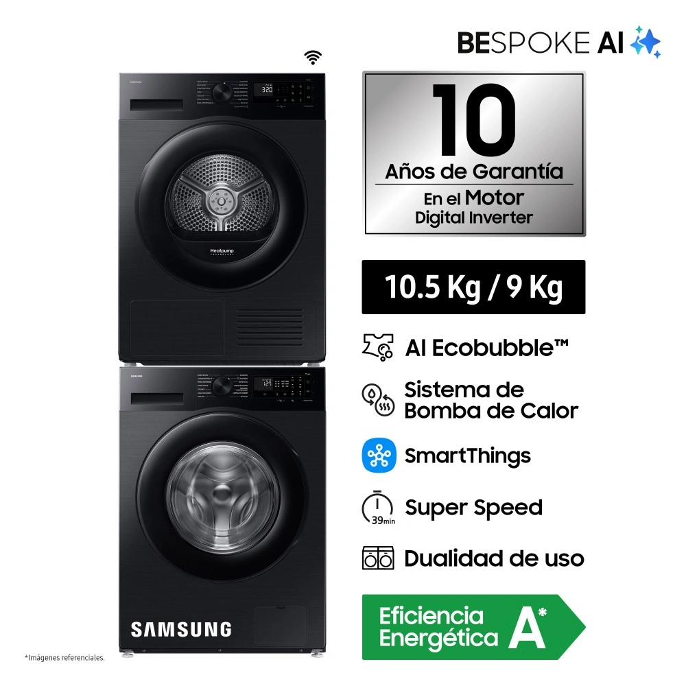 LAVADORA 10.5 KG AI ECOBUBBLE + SECADORA DE ROPA SAMSUNG BOMBA DE CALOR 9 KG - 1