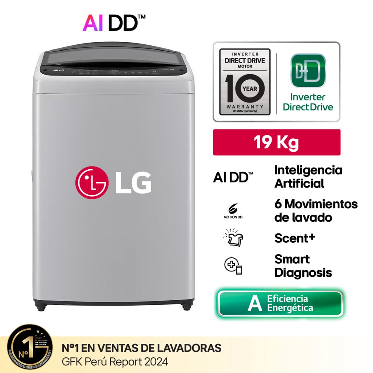 LAVADORA LG 19KG CARGA SUPERIOR AI DD INTELIGENCIA ARTIFICIAL WT19DV6T - 1