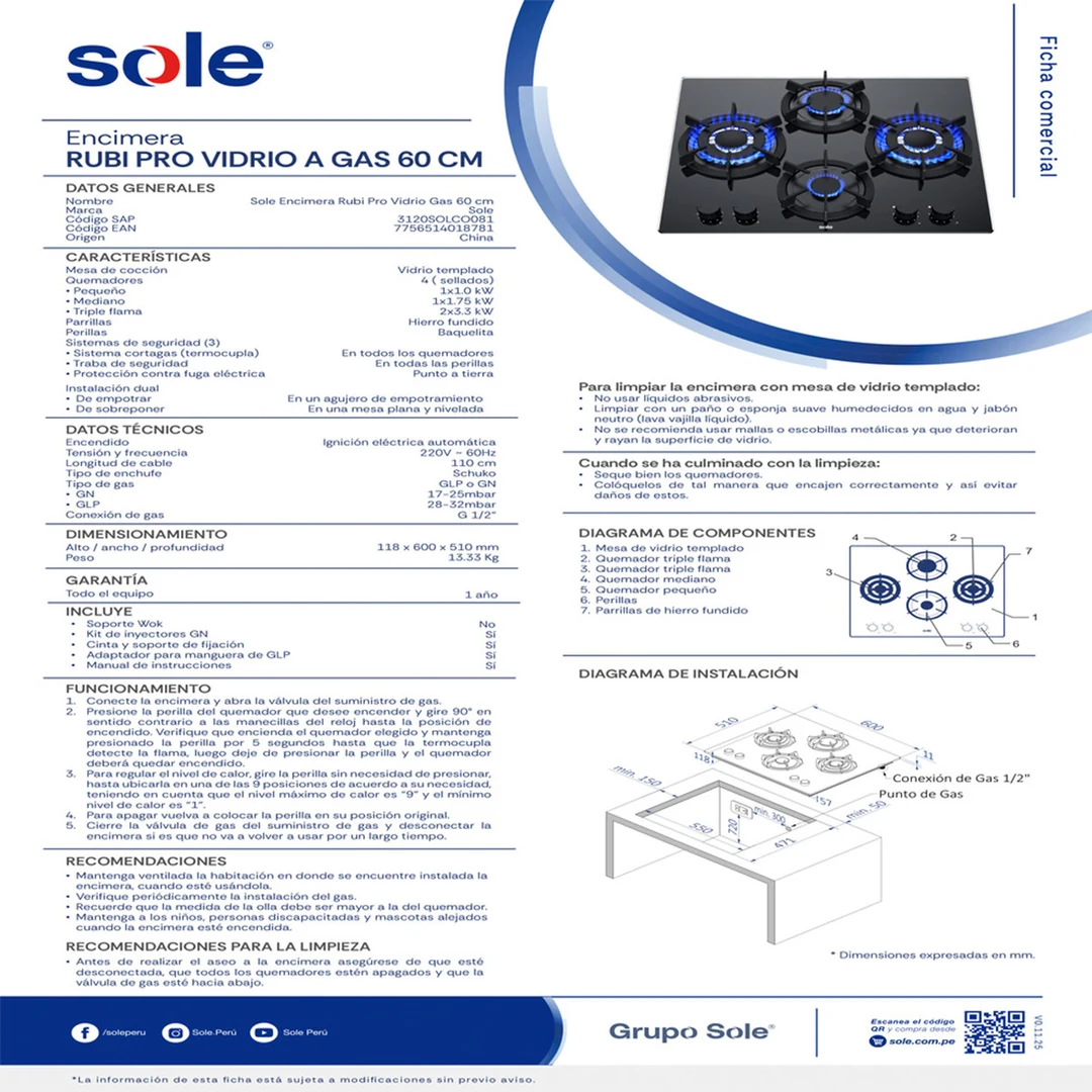 COCINA EMPOTRABLE A GAS SOLE 4 HORNILLAS 3120SOLCO081 - 8