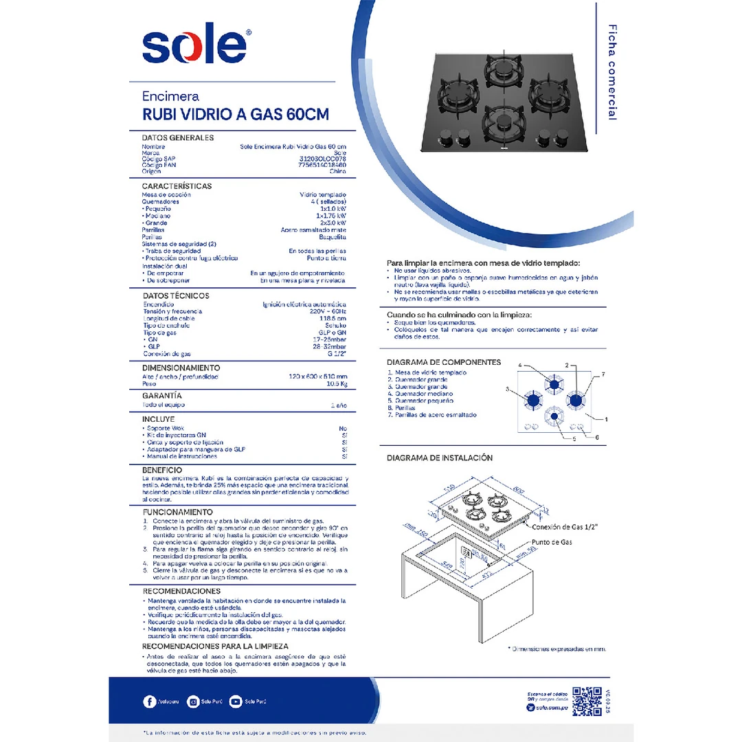 COCINA EMPOTRABLE A GAS SOLE 4 HORNILLAS 3120SOLCO078 - 9