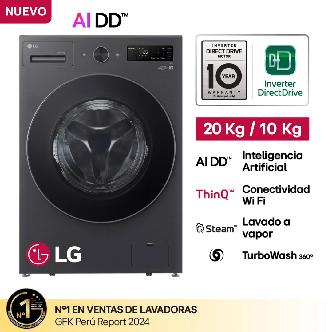LAVASECA LG CARGA FRONTAL 20/10 KG WD20EBNTSPG INTELIGENCIA ARTIFICIAL NEGRO MATE - 1