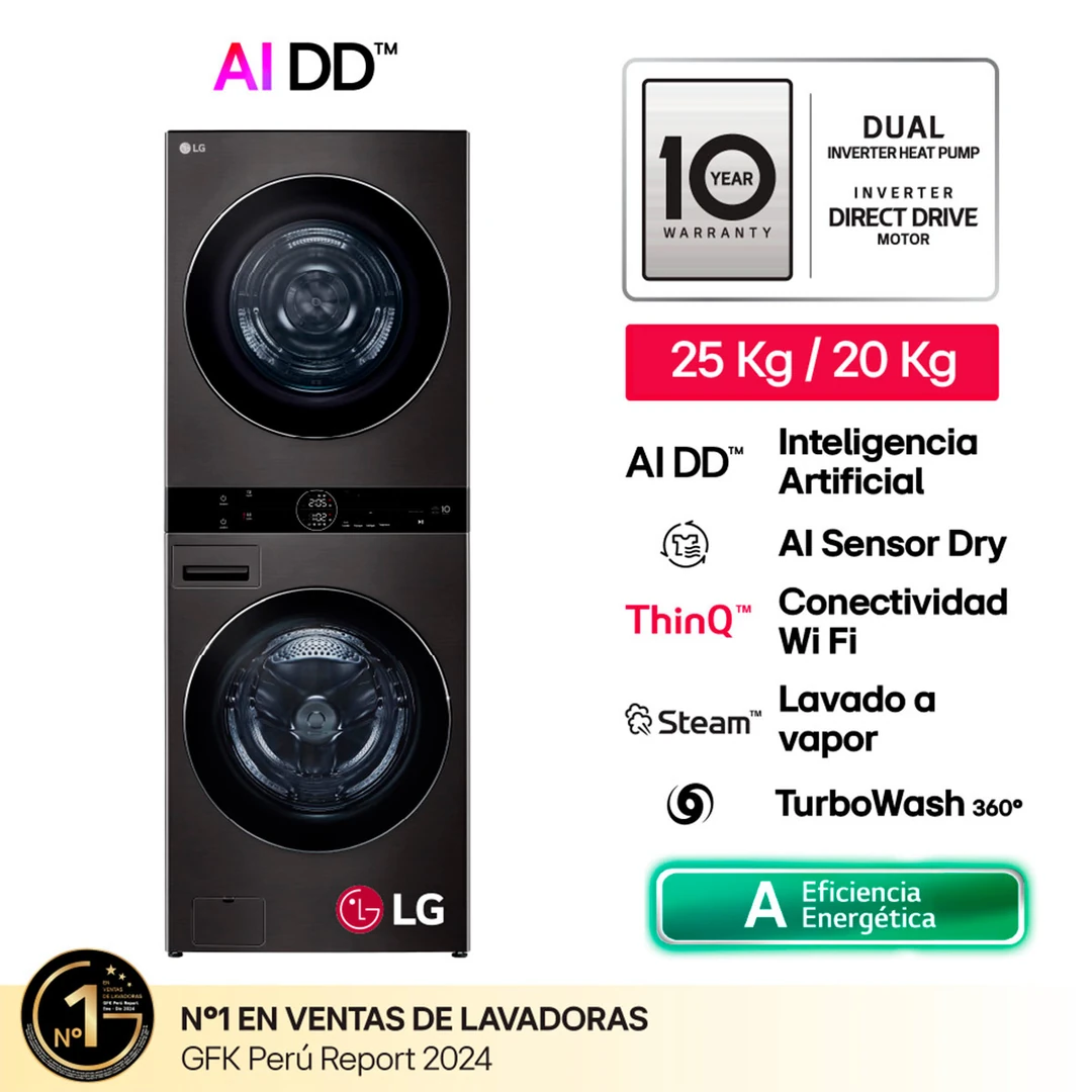 CENTRO DE LAVADO LG CARGA FRONTAL 25/20 KG WK25BS6 INTELIGENCIA ARTIFICIAL NEGRO PLATEADO - 1