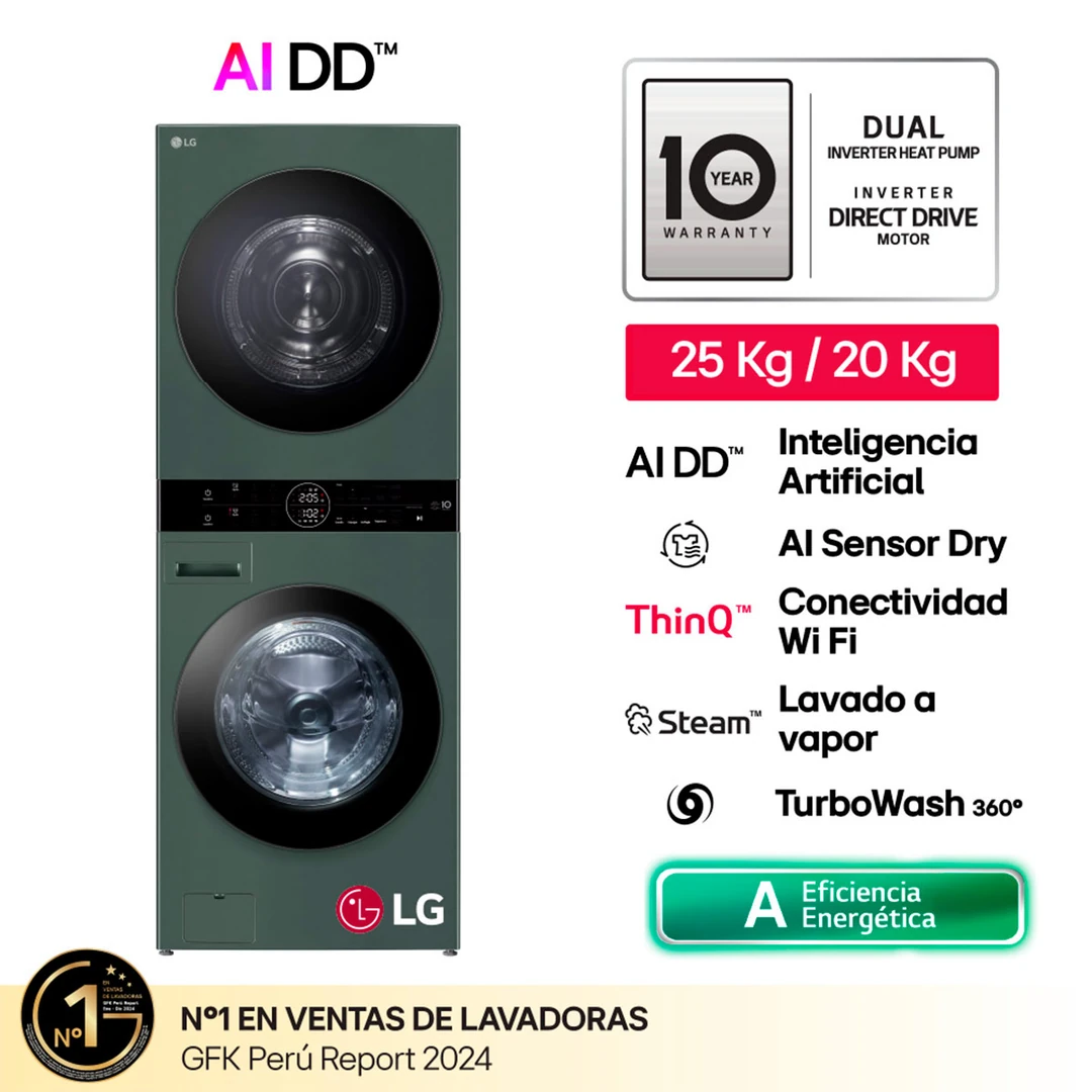 CENTRO DE LAVADO LG CARGA FRONTAL 25/20 KG WK25GGS6 INTELIGENCIA ARTIFICIAL VERDE - 1