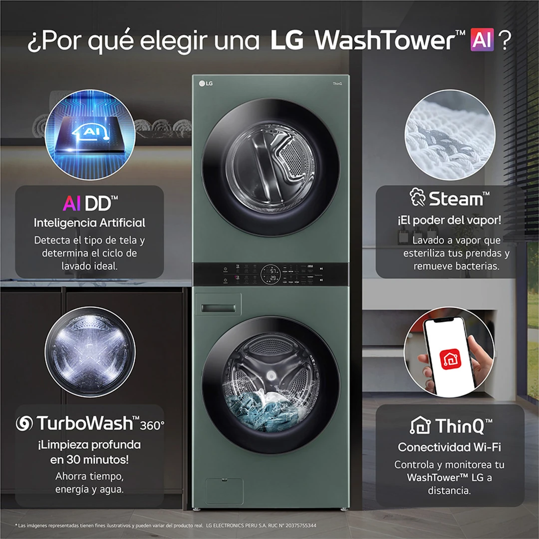 CENTRO DE LAVADO LG CARGA FRONTAL 25/20 KG WK25GGS6 INTELIGENCIA ARTIFICIAL VERDE - 7