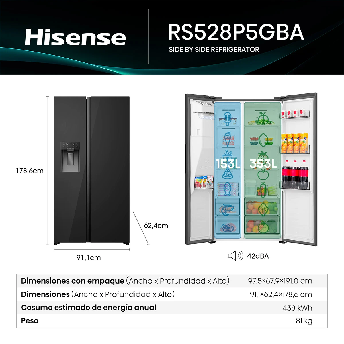 REFRIGERADORA HISENSE SIDE BY SIDE NO FROST RS528P5GBA 506L - 3
