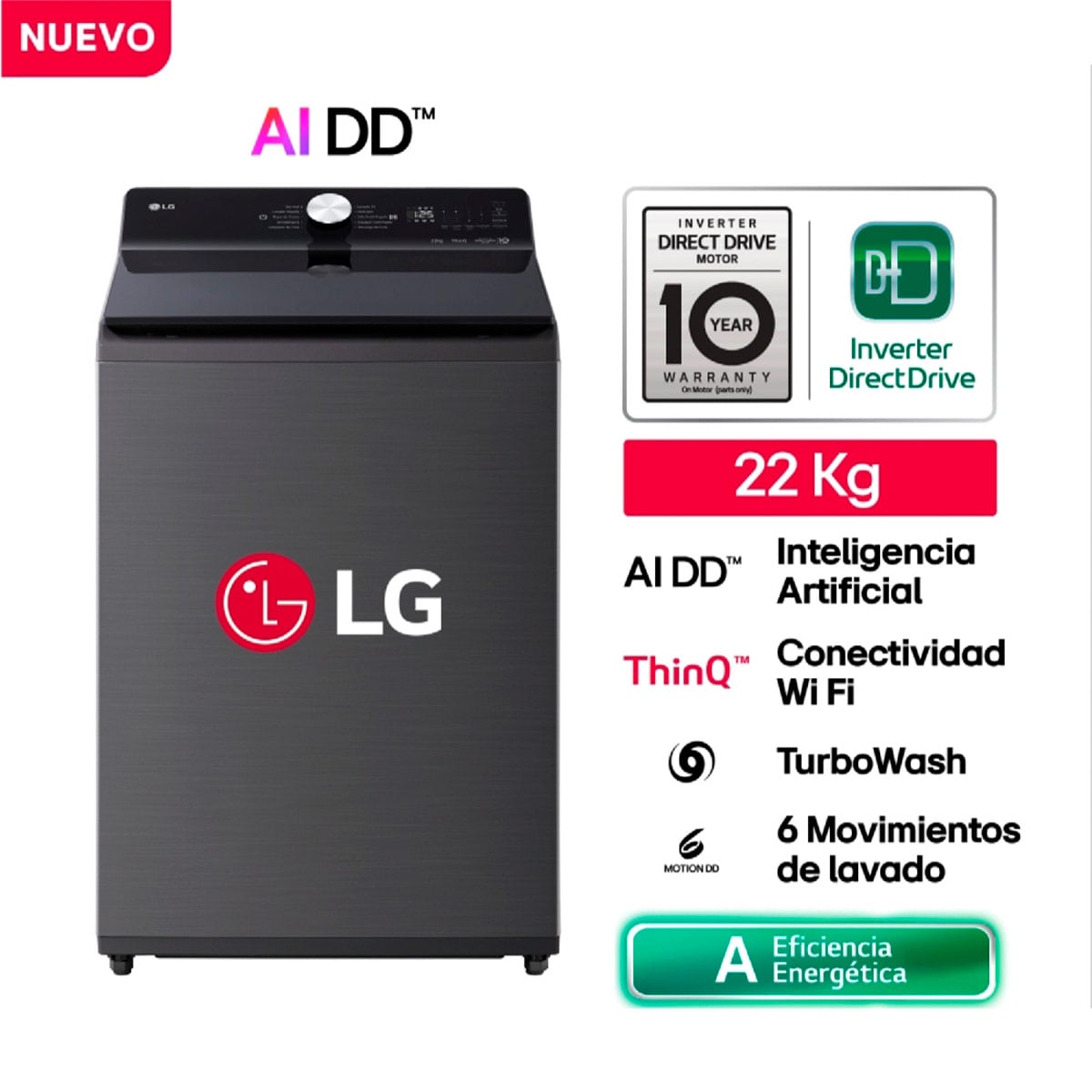 LAVADORA LG CARGA SUPERIOR 22KG WT22PBTXST INTELIGENCIA ARTIFICIAL - 1