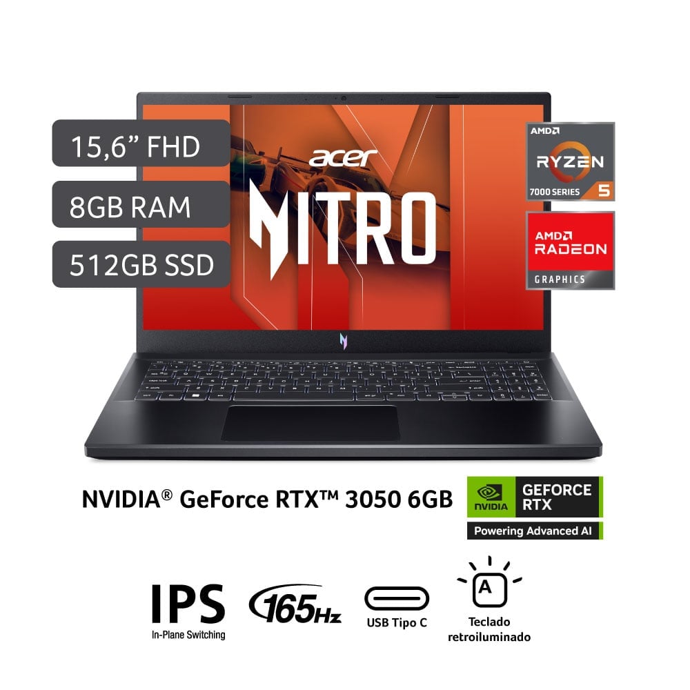 LAPTOP GAMER ACER NITRO V ANV15-41-R0RX AMD RYZEN 5-7535HS RTX 3050 8GB RAM 512GB SSD 15.6" - 1