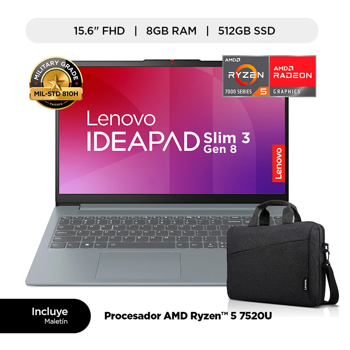 LAPTOP LENOVO IDEAPAD SLIM 3 AMD RYZEN 5 7520U 8GB RAM 512GBSSD 15.6" - 1