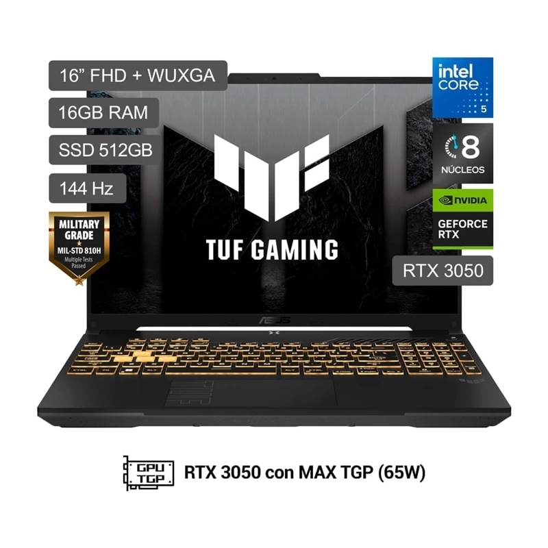 LAPTOP ASUS TUF GAMING F16 FX607VJ-RL001W INTEL CORE 5 16GB RAM 512GB SSD 16” RTX 3050 - 1