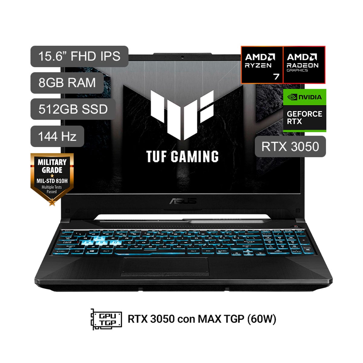 LAPTOP ASUS TUF GAMING A15 FA506NCQ-HN012W AMD RYZEN 7 170 8GB RAM 512GB SSD RTX 3050 15.6” - 1