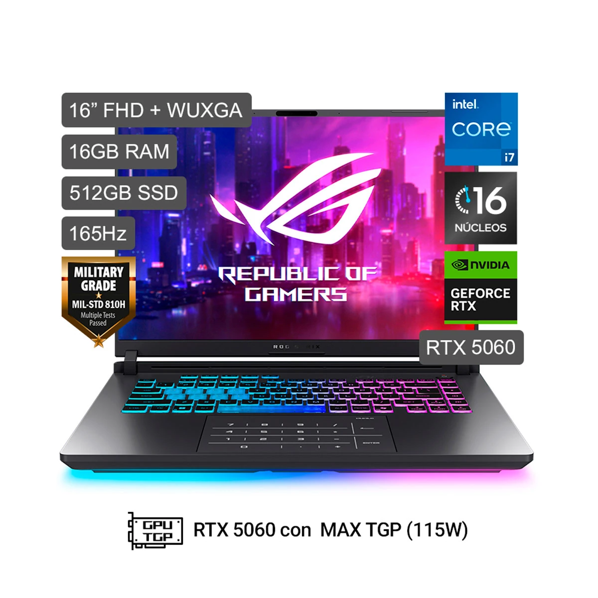 LAPTOP ASUS ROG STRIX G16 G615JMR-RV165W INTEL CORE 7 16GB RAM 512GB SSD RTX 5060 16” - 1
