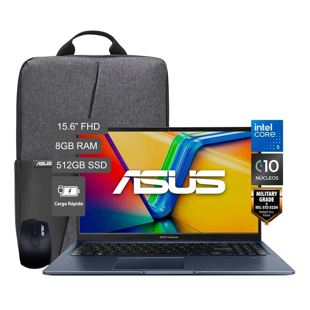 LAPTOP ASUS VIVOBOOK 15 X1504VA-BQ4454W INTEL CORE 5 120U 8GB 512SSD 15.6" FHD + MOCHILA + MOUSE - 1