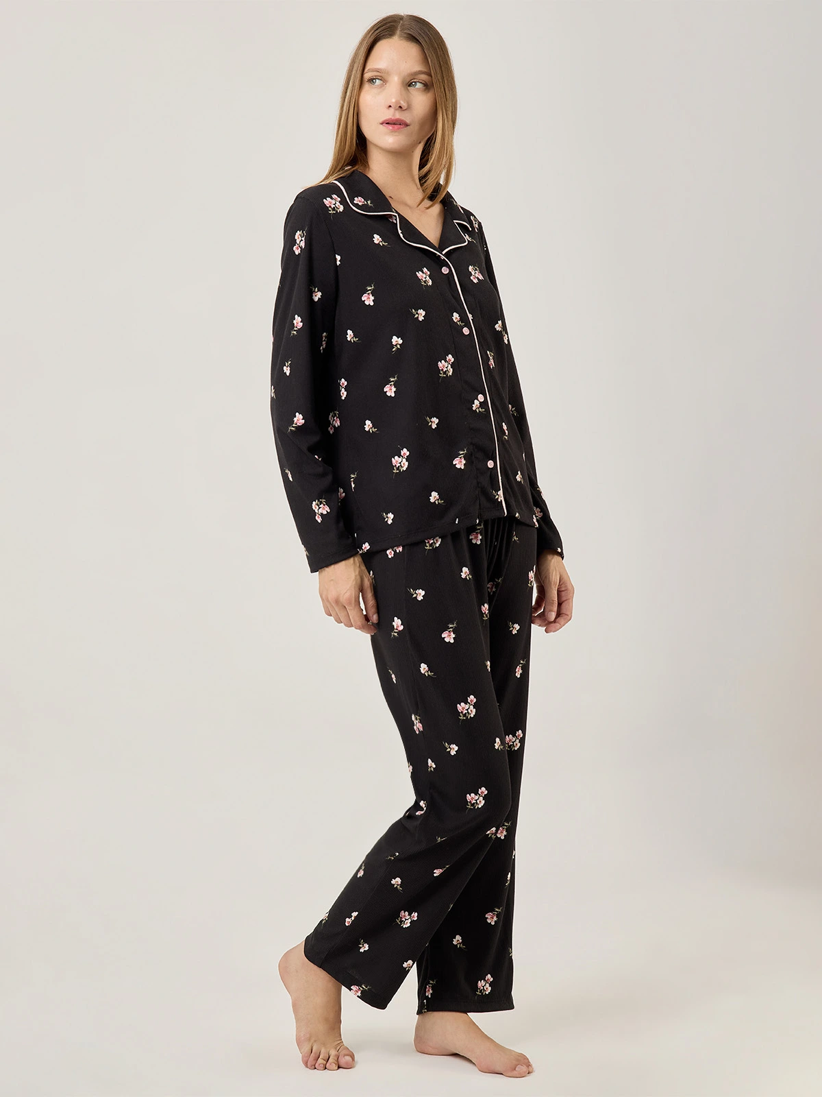 PIJAMA MANGA LARGA MUJER AZIZ NEGRO ROSAS - 5