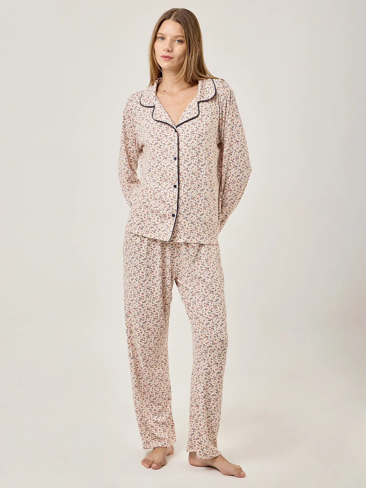 PIJAMA MANGA LARGA MUJER AZIZ FLORES ECRU - 1
