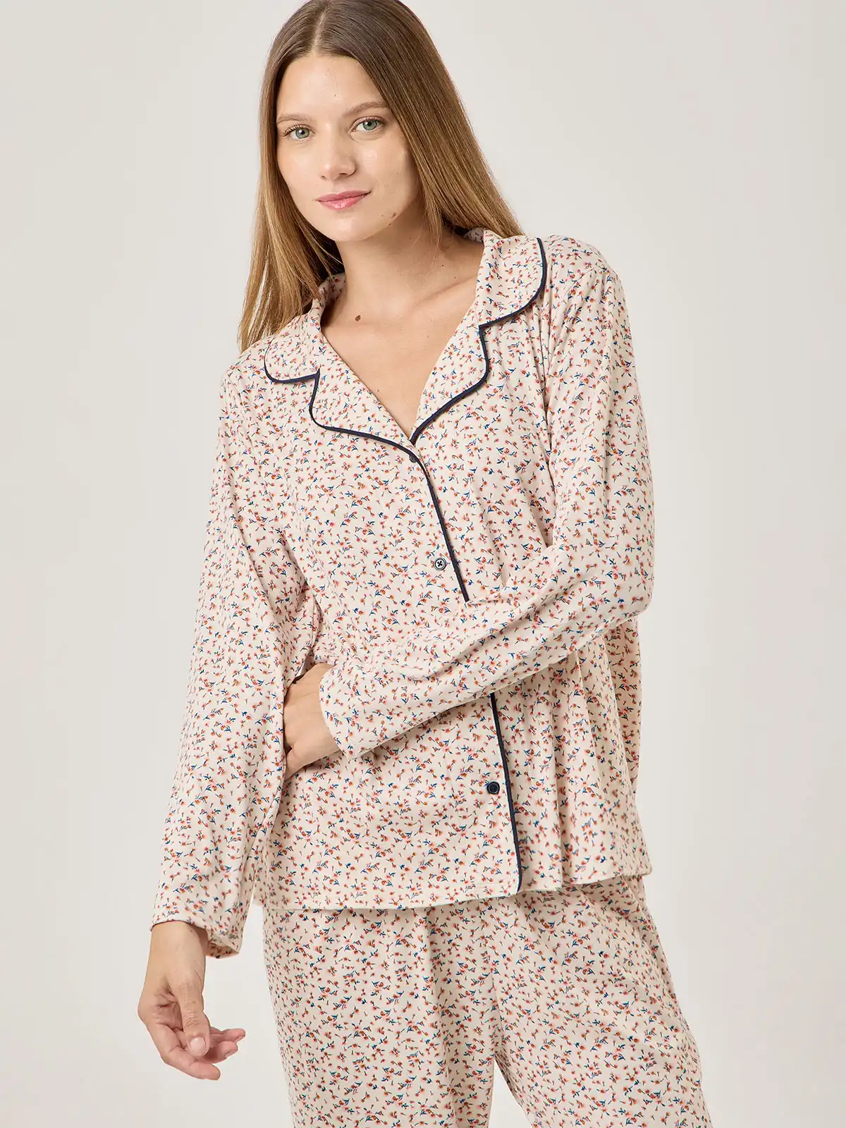 PIJAMA MANGA LARGA MUJER AZIZ FLORES ECRU - 4