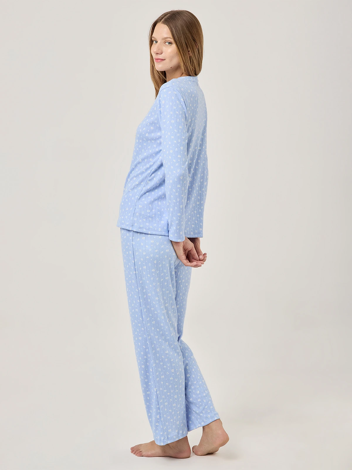 PIJAMA MANGA LARGA CON BOTONES MUJER AZIZ CELESTE FLORES - 2
