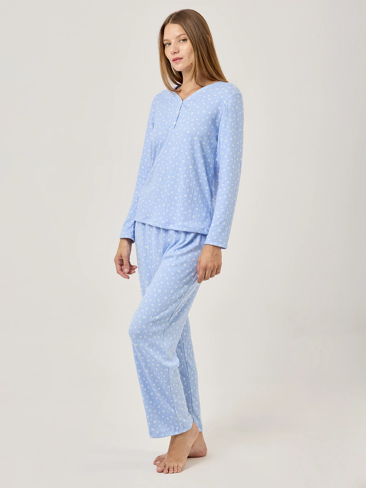 PIJAMA MANGA LARGA CON BOTONES MUJER AZIZ CELESTE FLORES - 3