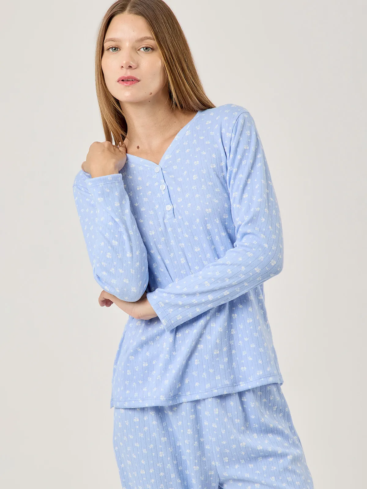 PIJAMA MANGA LARGA CON BOTONES MUJER AZIZ CELESTE FLORES - 4