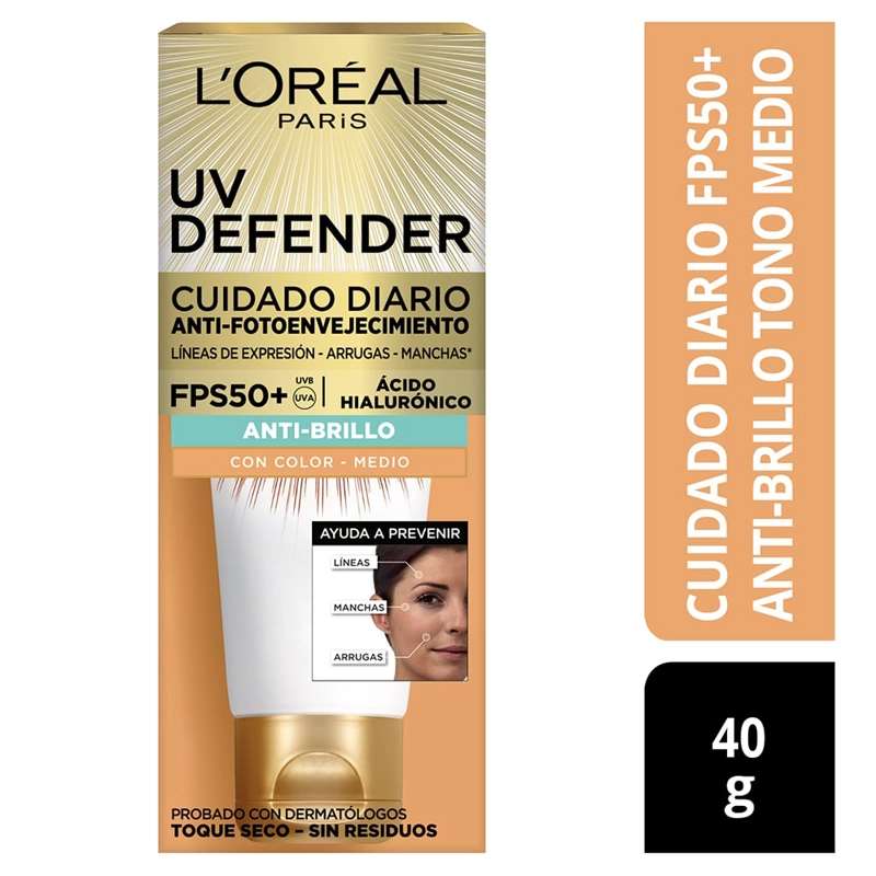 CREMA L'OREAL PARÍS UV DEFENDER ANTI-BRILLO CON COLOR FPS50 40ML - 1