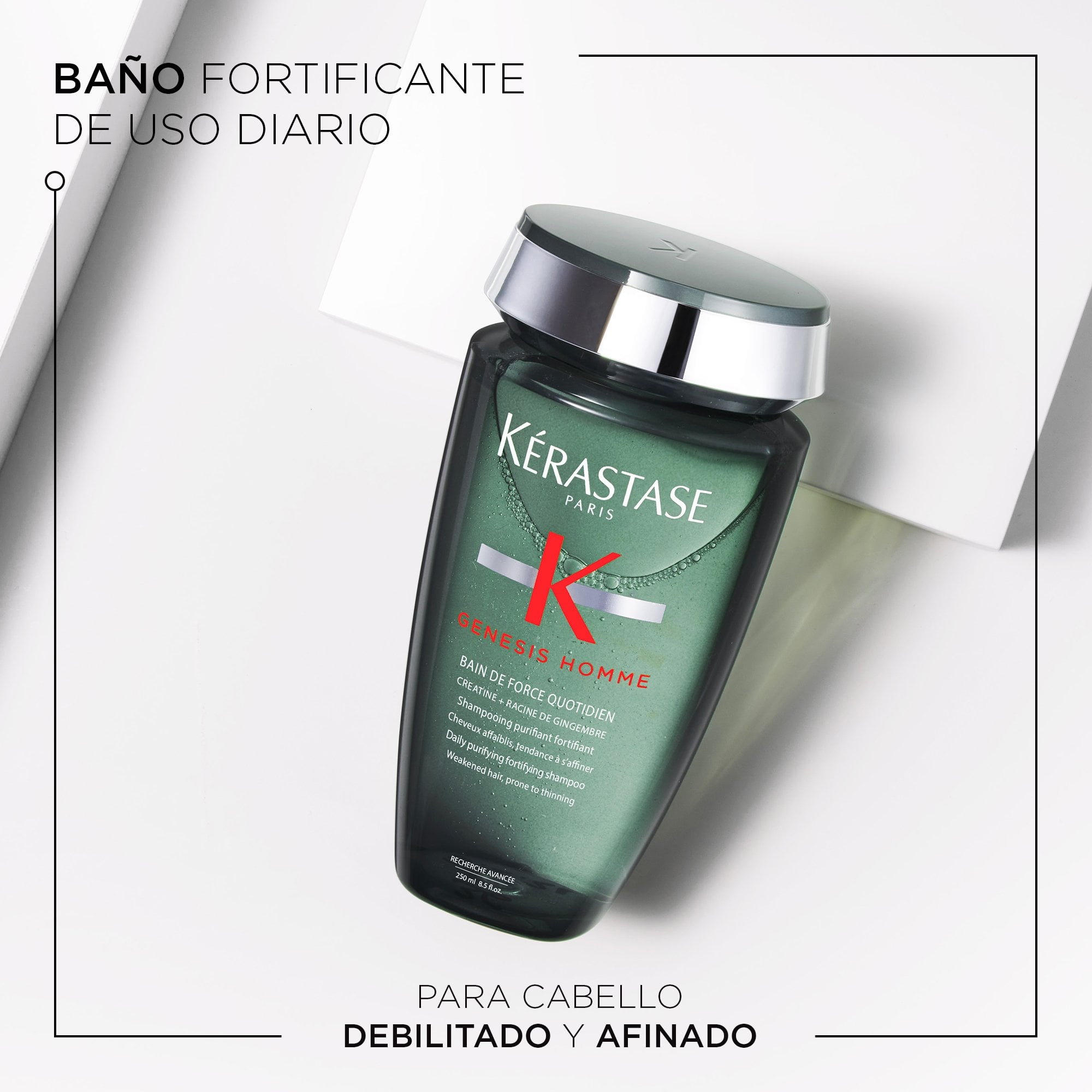 SHAMPOO PURIFICADOR Y FORTIFICANTE PARA CABELLOS DEBILITADOS CON TENDENCIA A LA CAÍDA GENESIS HOMME BAIN FORCE 250ML - 2