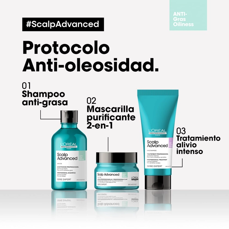 SHAMPOO EN GEL QUE PURIFICA EL CUERO CABELLUDO Y LA FIBRA DE RESIDUOS, SUDOR Y GRASA PARA UNA SENSACIÓN MÁS FRESCA Y LIMPIA SCALP ADVANCED ANTI-OILINESS 500 ML - 10
