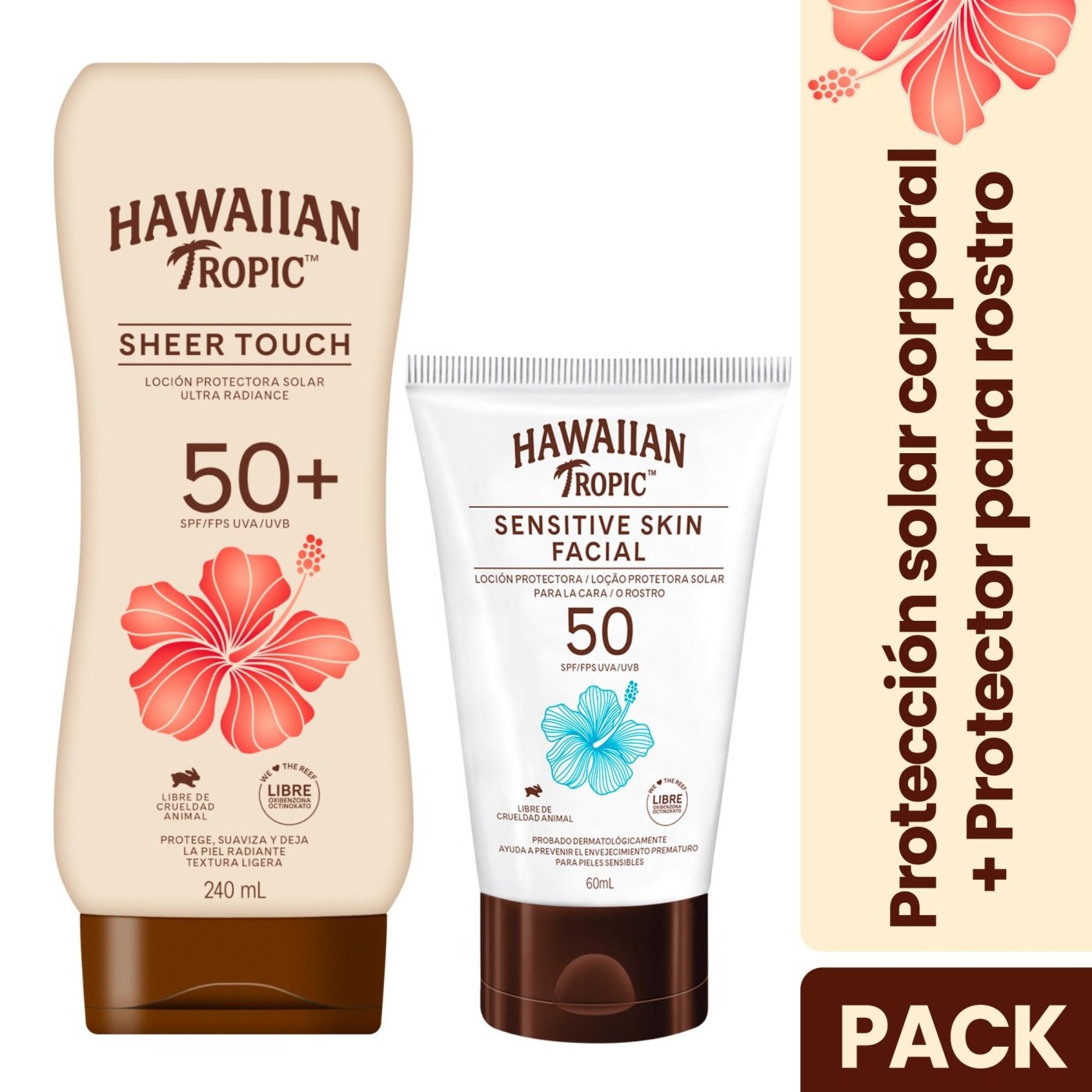 SET ROSTRO Y CUELLO HAWAIIAN TROPIC SPF 50+ SENSITIVE SKIN 60 ML + SHEER TOUCH 240 ML - 1